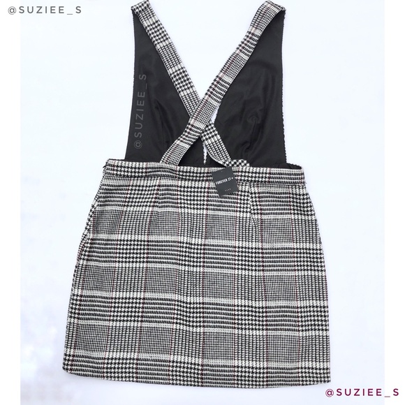 Forever 21 Black White Plaid Plunge V Neck Pinafore Mini Dress 2X NWT - Picture 3 of 14